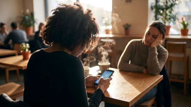 Social media addiction concept woman checking mobile phone at cafe ignoring friend looking away with sad expression