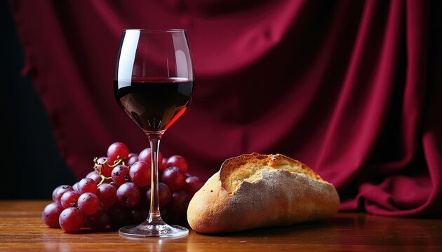Red wine fills a glass next to grapes and bread on a wooden table. A rich burgundy fabric drapes behind the still life arrangement. This composition suggests a celebratory or elegant meal setting.