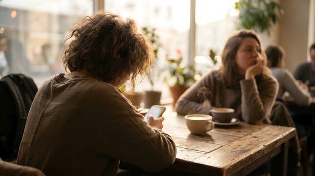 Back view of woman using mobile phone at cafe table ignoring friend looking bored and detached relationship gap