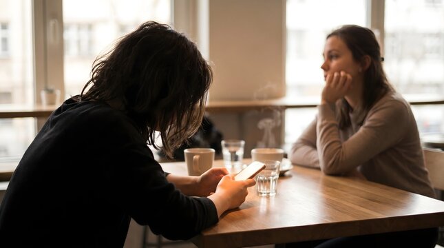 Disconnected friends at cafe woman scrolling on smartphone while other person looks lonely and ignored over coffee