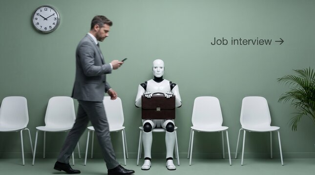 A man walks past a robot waiting for a job interview, symbolizing the future of work and the impact of artificial intelligence on employment opportunities