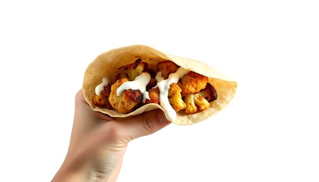Hand holding taco filled with cauliflower and sauce on white background  