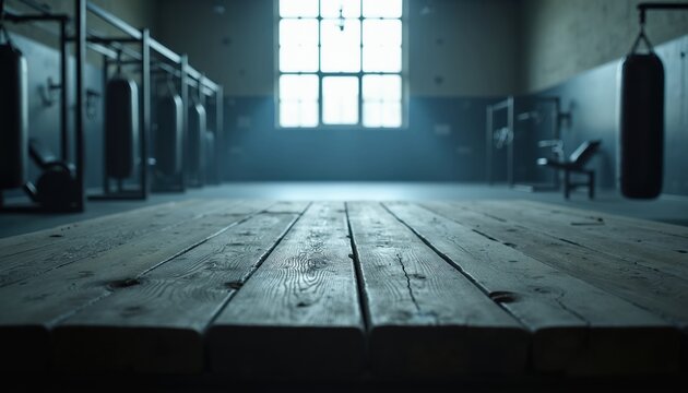 Empty boxing gym interior with punching bags and workout equipment. Large window lets in natural light, illuminating wooden floor. Industrial atmosphere for training.