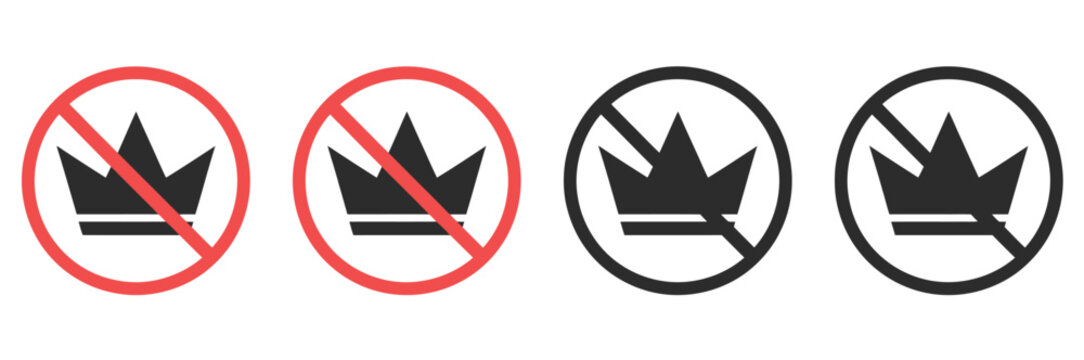 No crown icon set symbolizing royalty restriction, prohibition mark, banned authority symbol, and denial of crown ownership