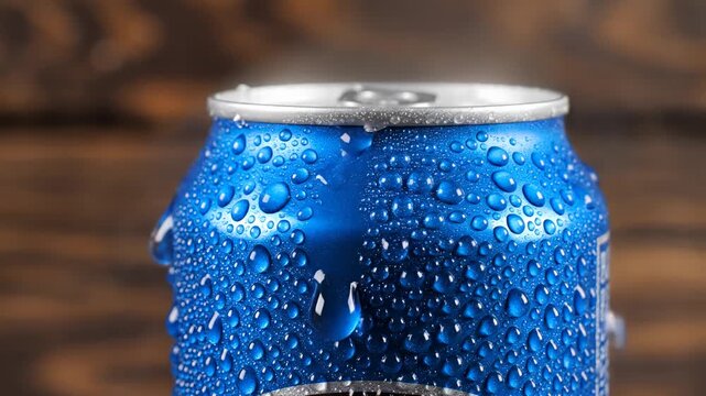 Close up of a cold blue soda can covered in water droplets.