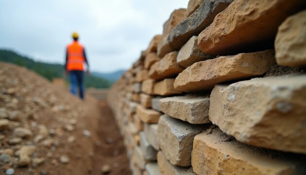 Worker oversees stone wall building. Natural rocks form retaining barrier. Construction project progresses on hilly terrain, featuring raw materials and expert labor.