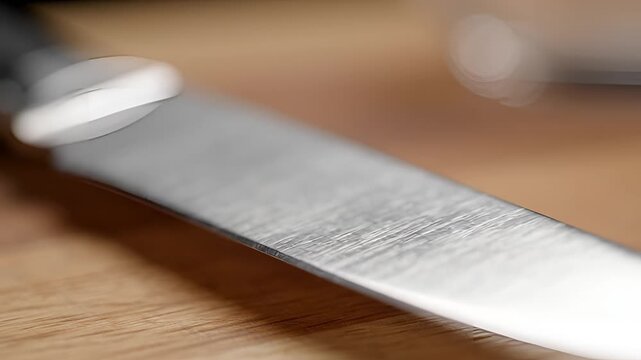 Close up of a sharp kitchen knife blade on a wooden surface.