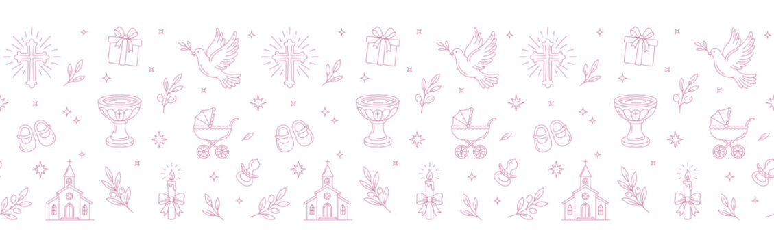 Dense christening Baby Baptism Dense Border with church, font, baby carriage, gifts, dove and cross. For gift wrap edges, christening invitations, packaging and stationery borders.