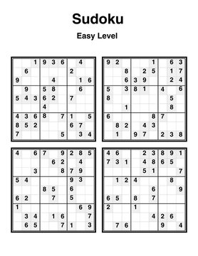 Sudoku easy printable activity sheet with four nine grid puzzles black and white minimal design