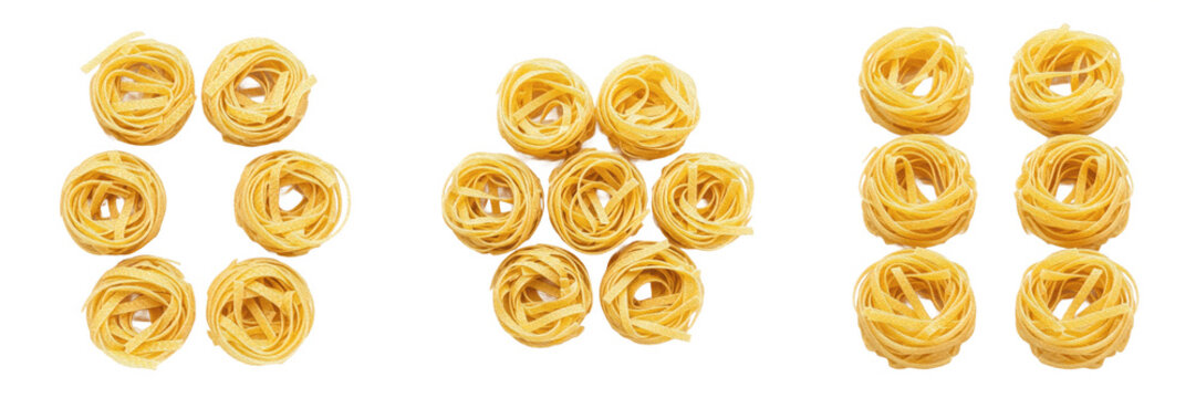 Collection of Uncooked Italian Pasta Nests Isolated on White Background. Raw Capellini or Angel Hair Pasta Bundles Set for Culinary Recipes, Menu Design, Organic Food Branding, and Italian Cuisine Gra