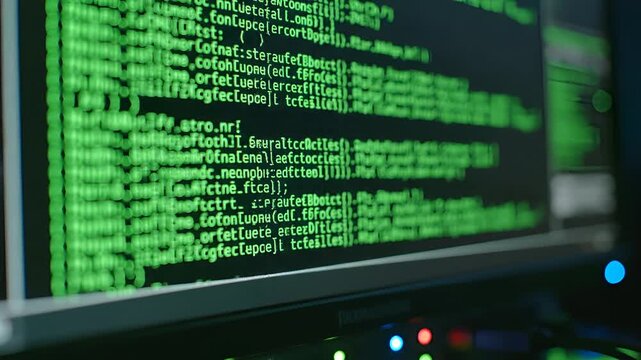 Closeup of Green Computer Code Scrolling on a Dark Screen.