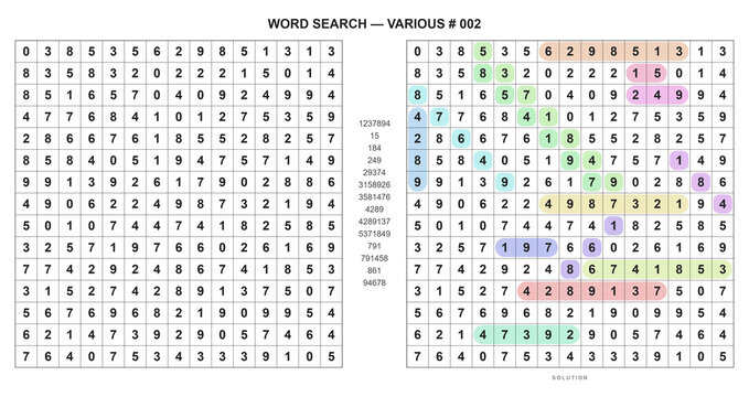 Math and numbers word seek puzzle sheet variation 002
