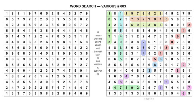 Number grid sequence word seek puzzle sheet variant 003