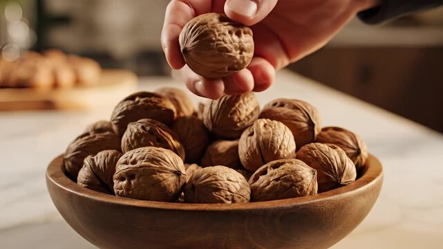 Hand picking fresh walnuts from a wooden bowl closeup shot.