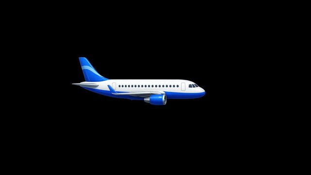 passenger airplane flying animation across a black background