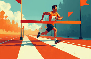 Obraz premium Athlete breaks through finish line tape, marathon race in progress. Runner wins competition, achieves goal at track. Healthy man completes sport event, celebrates victory.