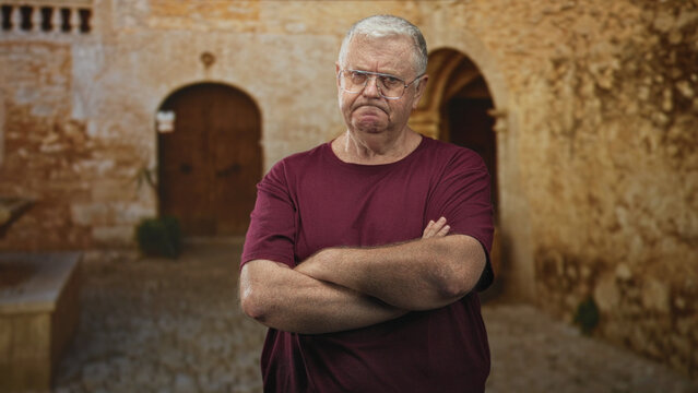 Man senior with arms crossed and glasses frowning in front of an old stone building courtyard, wearing maroon shirt and visible wrinkles on forearms; disapproval.