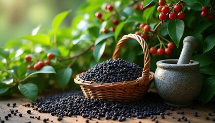 Naklejka premium Fresh black peppercorns in basket, stone mortar nearby. Rich green plants with red berries grow in garden. Natural harvest of spice. Rustic farm scene.