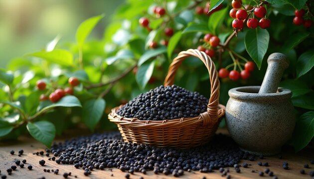 Fresh black peppercorns in basket, stone mortar nearby. Rich green plants with red berries grow in garden. Natural harvest of spice. Rustic farm scene.