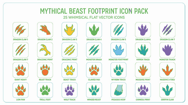 Mythical beast footprints icon set.