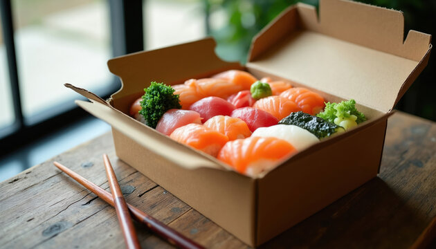 Sushi assortment in cardboard box with chopsticks rests on wooden table. Fresh raw fish, rice, wasabi, nori presented for delivery meal. Enjoy Japanese cuisine at home.