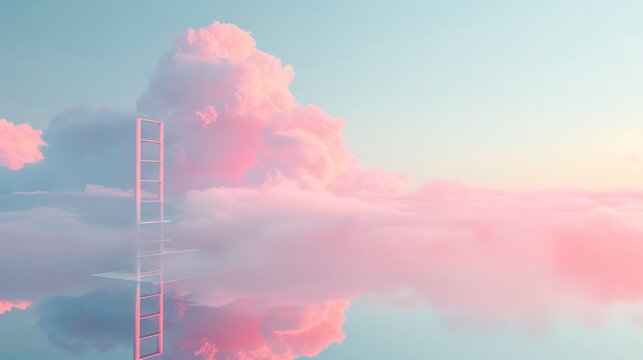 A silver ladder leading to a fluffy pink and white cloud formation in a pastel sky.