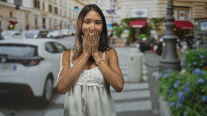 Fototapeta premium Thai woman in a white dress covers mouth with hands on a busy city street near parked cars and flowers; surprise travel memory.
