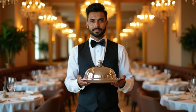 Indian man waiter holds silver cloche in luxury restaurant. Professional server wears uniform, bow tie. Fine dining, upscale eatery, elegant service for guests.