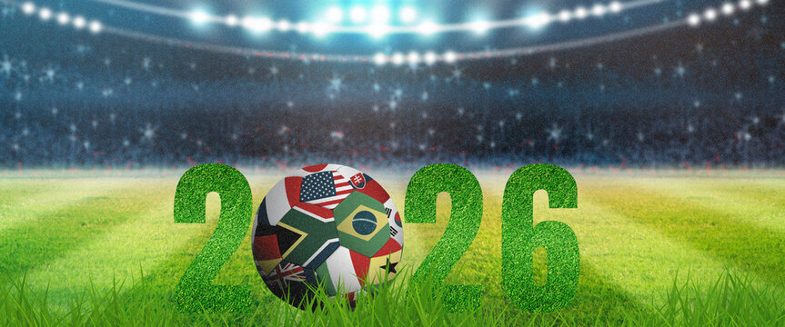 Football 2026 World Cup global tournament concept with a soccer ball featuring international flags on green grass of a stadium pitch under bright spotlights