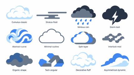 Obraz premium Modern Weather Icon Collection Featuring Diverse Cloud and Storm Illustrations