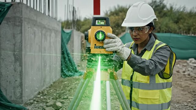 Professional surveyor meticulously uses a high-tech laser level for precise measurements on a busy construction site.