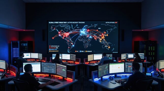 Security operations center team monitoring global cyber threat map on multiple screens at night