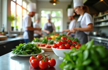 Naklejka premium People in chef hats learn cooking together in bright kitchen. Diverse fresh vegetables and herbs laid out on counter. Students prepare food in class.