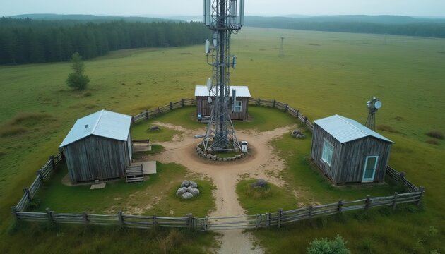 Cell tower infrastructure with small utility buildings in a vast green field. Remote rural landscape shows communication mast and isolated habitat. Daytime natural scenery.