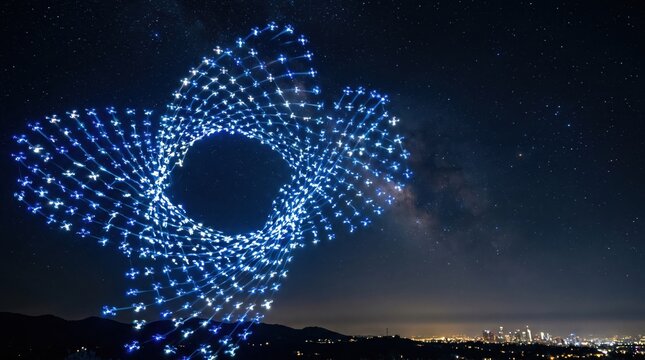 Drone light show creates a stunning spiral pattern in the night sky over a cityscape