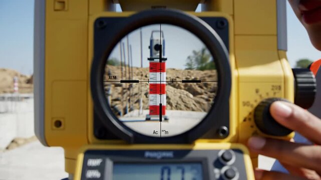 Professional surveyor meticulously using a high-precision theodolite to measure angles on a construction site