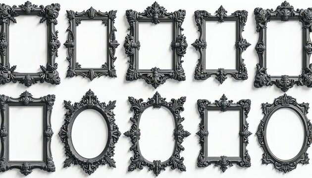 Collection of decorative ornate black baroque picture frames isolated on white background. Ornate frames have intricate scrolls floral elements. Vintage style.