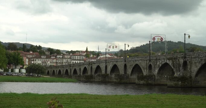 the famous Ponte de Lima (also known as Ponte Romana e Medieval) in the city of the same name in Portugal. It crosses the Lima River and is considered one of the most important landmarks of the Minho 