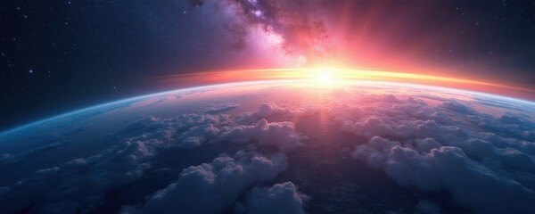 Obraz premium View from space shows planet Earth with clouds at sunrise. Sun light creates orange and pink glow over atmosphere. Stars visible in dark sky.