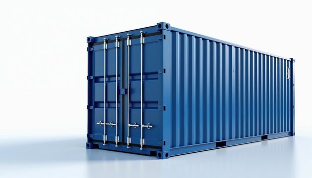 Blue metal cargo container sits on white background. Industrial steel box used for shipping and storage. Transport unit with closed doors and locking mechanism. Global logistics object.