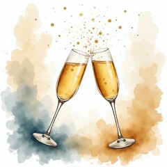 Obraz premium Two champagne glasses toast with golden bubbles and confetti. Celebratory watercolor background with abstract paint splashes. Festive invite or card element.