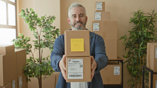 Man holding stacked cardboard parcels with outstretched hands in building amid packed boxes and indoor plants; duty.