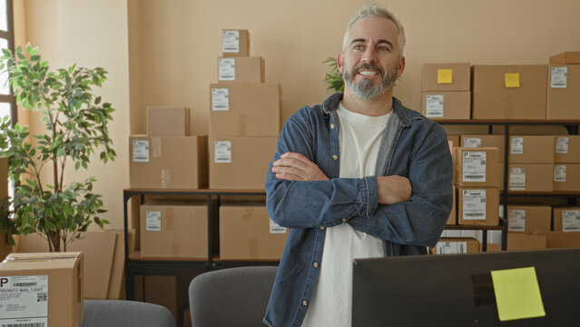 Man with crossed arms standing among shipping boxes and parcels in a packing office building; confidence entrepreneurship.