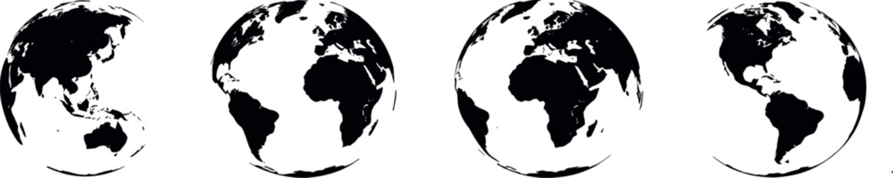 Four black and white silhouette globes showing different earth continents