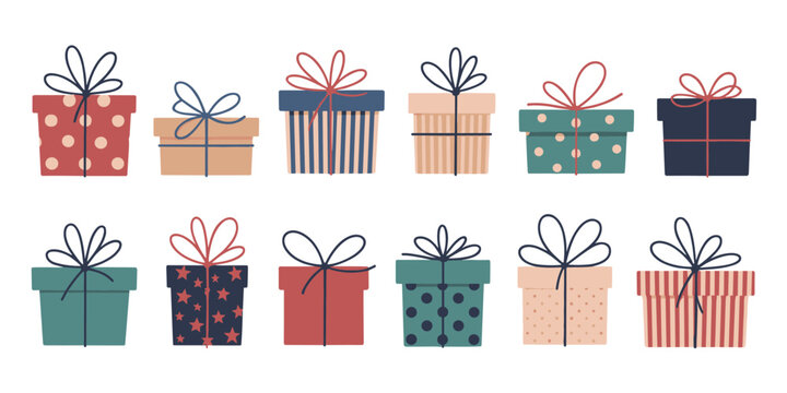 Set of twelve hand-drawn gift boxes with ribbons and patterns