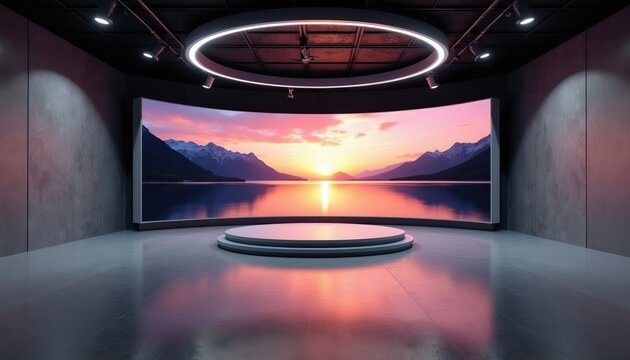 Modern studio with curved screen showing mountain lake sunset. Empty circular platform on floor. Lights illuminate concrete walls and ceiling.