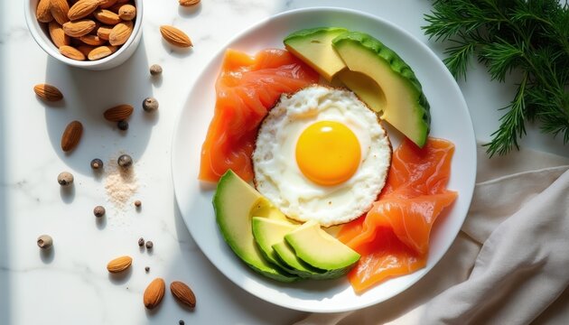 Balanced breakfast plate with fried egg salmon avocado and almonds. Healthy meal offers protein healthy fats and vitamins. Morning food presented on white plate with natural light.