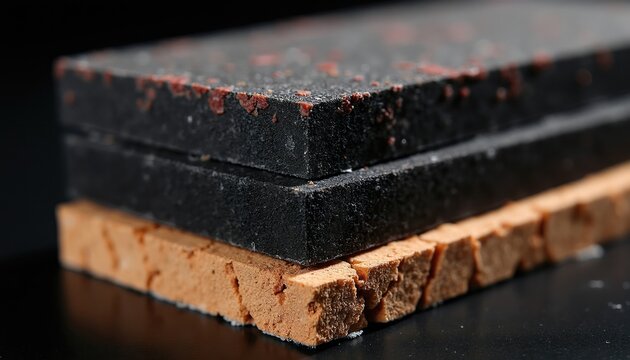 Macro view shows layered composite material samples. Dark rough surfaces with red specks rest on rough brick layer. Materials differ in texture and grain.