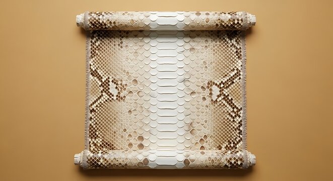Unrolled scroll made of natural snakeskin leather on a beige background