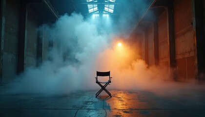 Fototapeta premium Empty director chair in industrial warehouse with smoke and spotlights. Cinematic mood, film production set, waiting for actor. Scene is dramatic and moody.